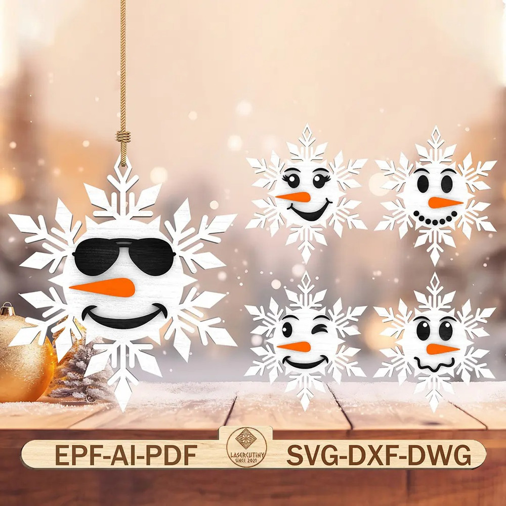 Merry Christmas Snowflake Ornament Svg Funny Snowman Face Bundle Hanger Svg Lasercut File Svg 0