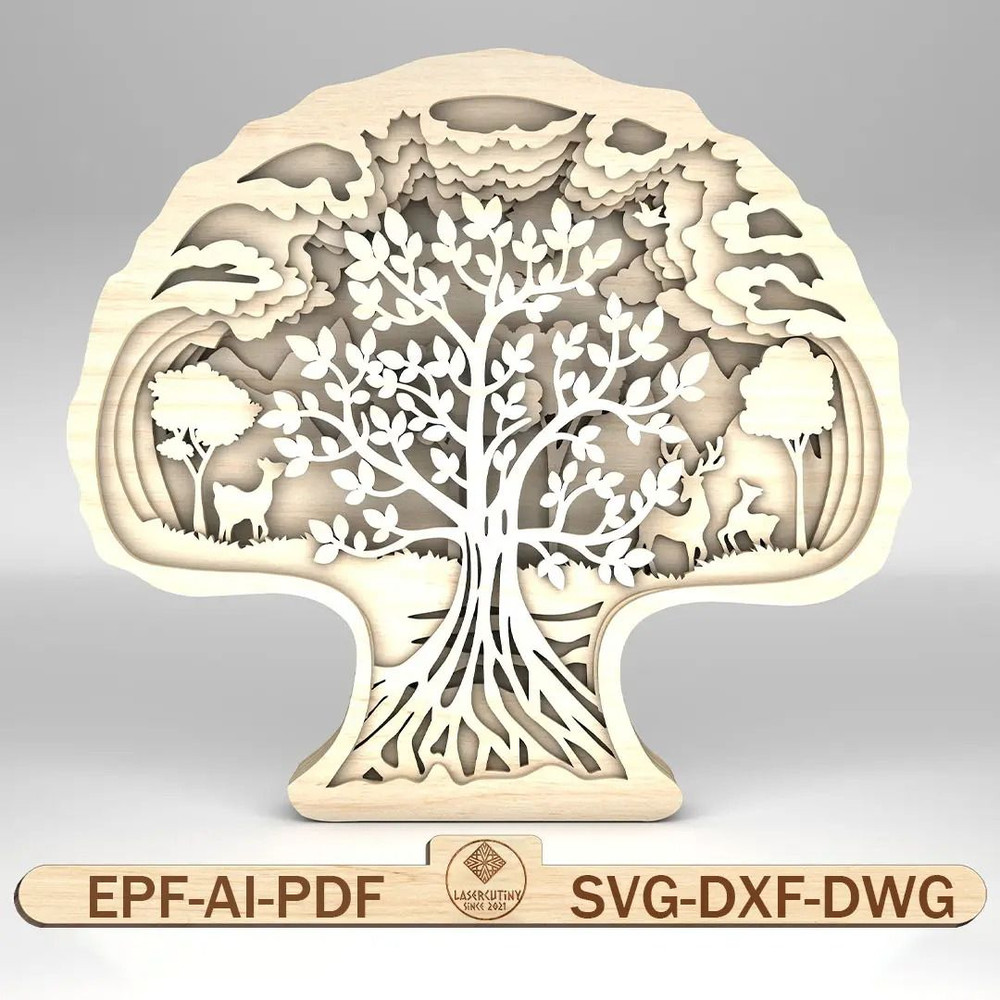 3D Multilayer Tree Of Life Art Svg Green Enviroment Svg Deer Scene Art Svg 8 Layer Art Piece For Gl 0