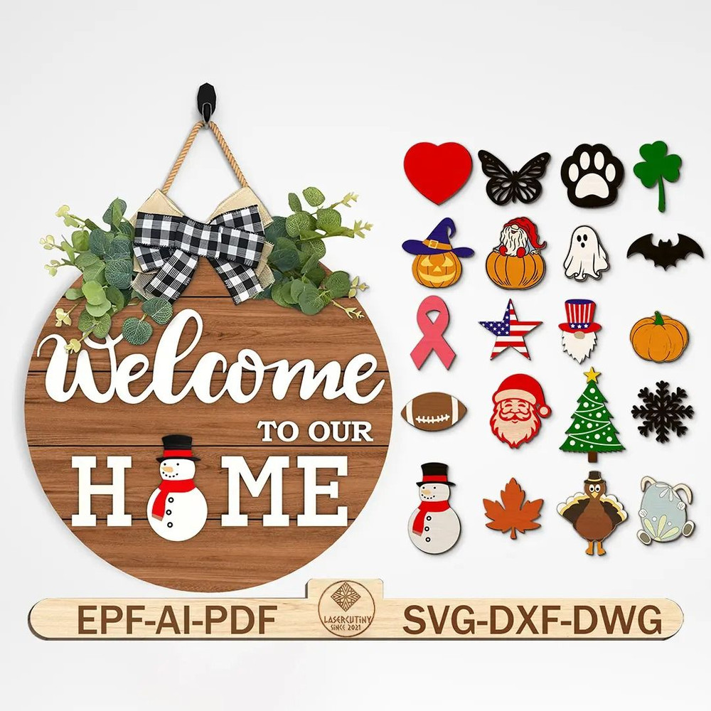 Interchangeable Welcome To Our Home Door Welcome Sign SVG Seasonal Door Sign Svg Front Door Hanger 0