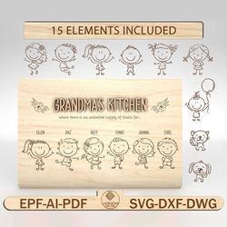 personalized grandma's kitchen cutting board svg, stick man svg,gift for grandma,mothers day gifts svg, glowforge svg