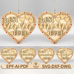 best grandma ever ornaments svg bundle, set of 6 mothers day ornament laser cut file, mothers day svg, glowforge svg