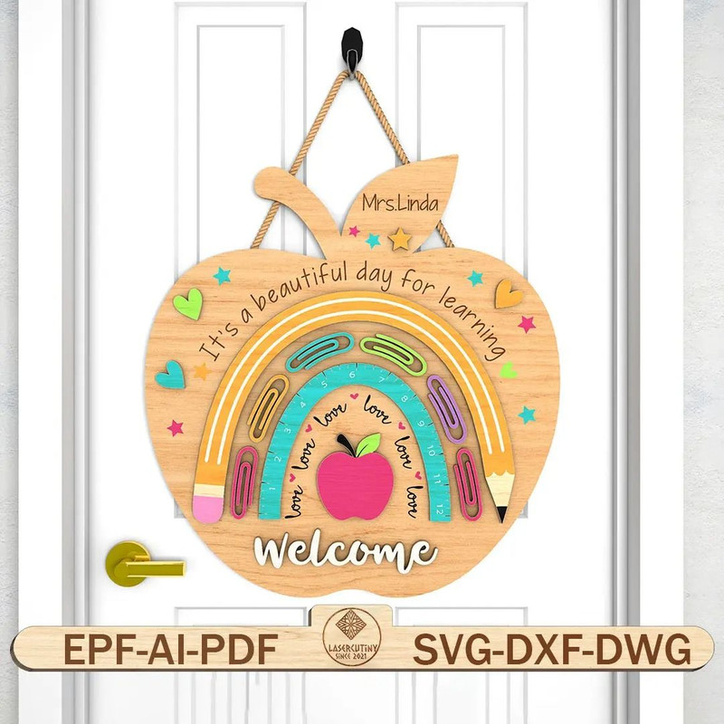 Personalized Rainbow Teacher Apple Door Sign SVG Gift For Teacher 0