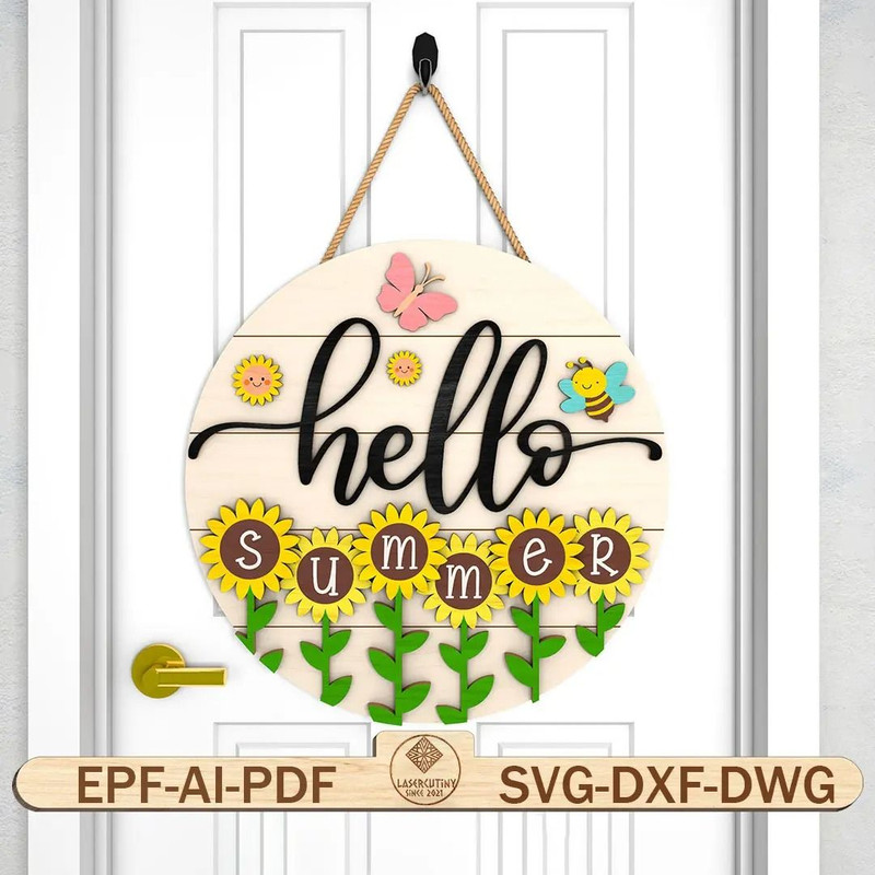Hello Summer Round Sign SVG Sunflowers Svg Summer Welcome Sign Svg Bee Door Hanger Svg Glowforge Sv 0