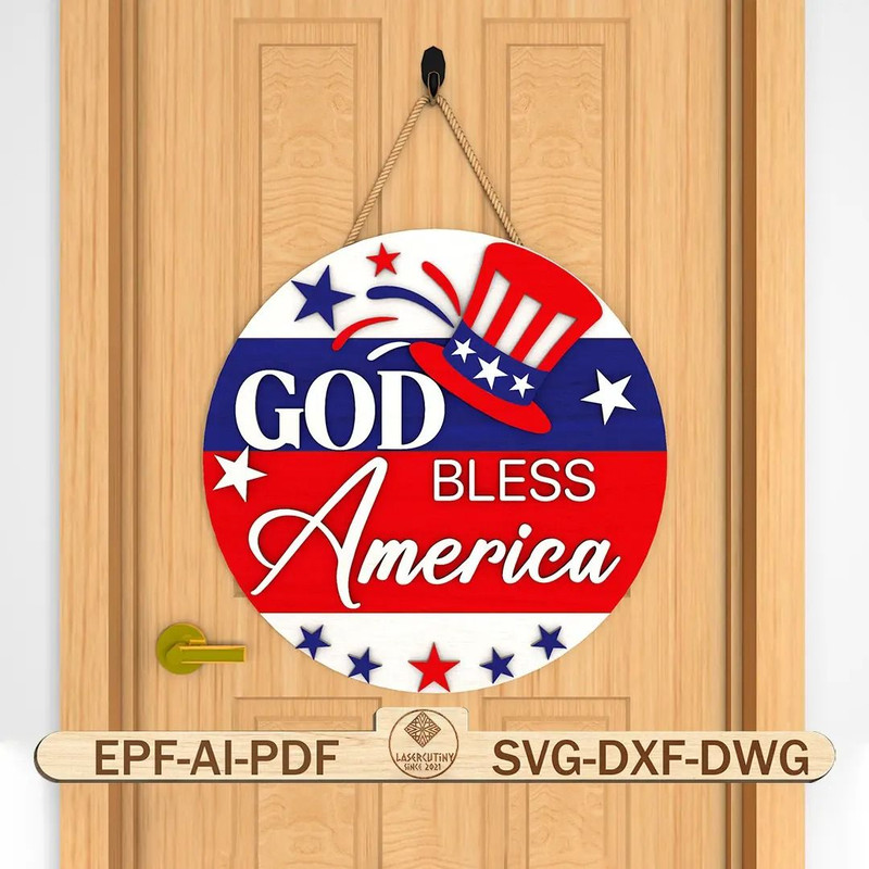 God Bless America Door Sign Svg Uncle Sam Hat Welcome Sign Svg Independence Day Svg Usa Flag SvgLas 0