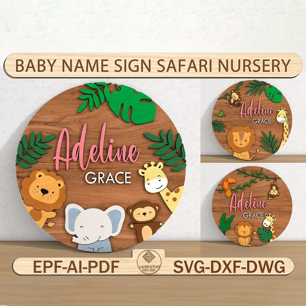 Baby Name Sign Safari Nursery Baby Boy Girl Glowforge Animals Digital FileSafari Nursery Name Round 0