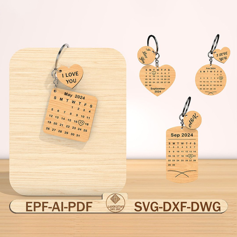 Personalized Valentines Calendar Keychain Lasercut SVG Wooden Matching Keychain Anniversary Gift 0
