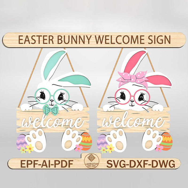Easter Door Hanger Svg Easter Welcome Sign Svg Cute Bunny Cutfile Svg Easter Decoration Laser Easte 0