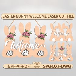 easter bunny welcome sign laser cutfile svg, easter door hanger svg, easter decoration laser ,easter glowforge svg