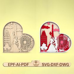 multilayer couple heart scene art svg, romantic scene svg, couple lovers svg, valentines day svg, 5 layer art piece