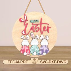 happy easter day door sign lasercut file svg, rabbit sign door svg, easter bunny door hanger svg,welcome sign svg