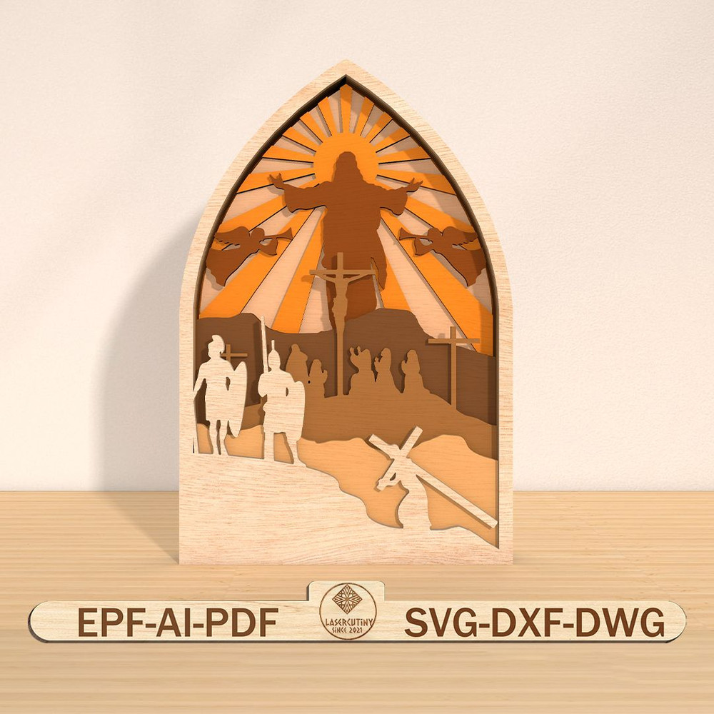 Mutilayer Jesus And Cross Lasercut File Svg Jesus Happy Easters Day Svg Standing Home Decor Svg Ang 0