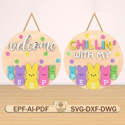happy easter day sign door lasercut file svg, bunny carrot welcome sign svg, door hanger svg, bunny welcome svg