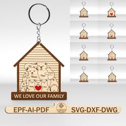 personalized bear family keychain svg bundle, bear family house keychain svg, gift for family, keychain laser file