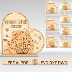 personalized mama bear heart stand decor svg, mama bear and baby puzzle pieces svg, gift for mom, mothers day gifts svg