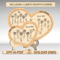 personalized birth month flowers double heart sign svg, first mom now grandma svg, gift for mom, mothers day gifts svg