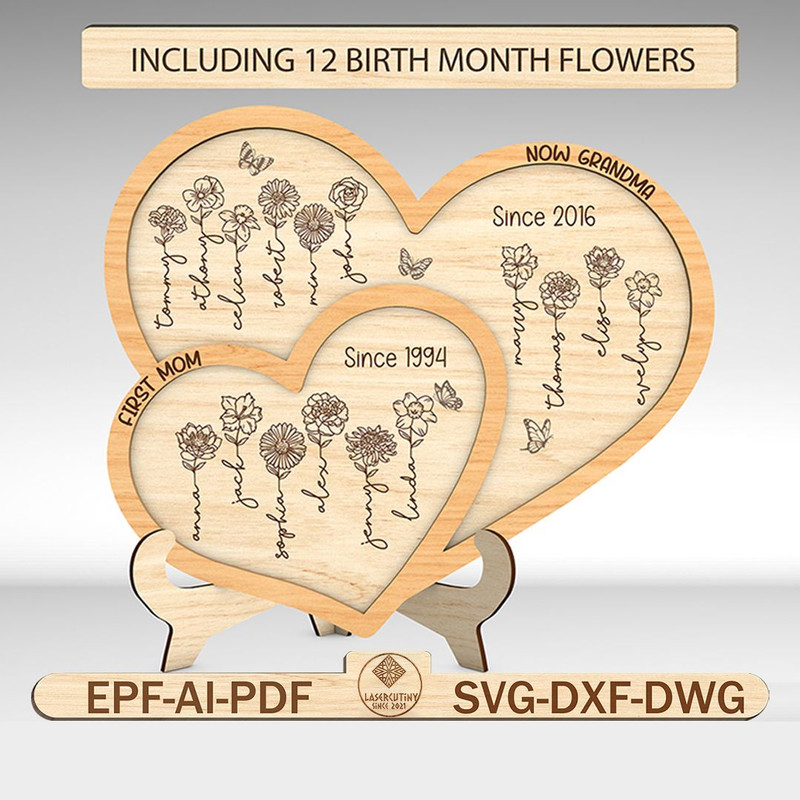 Personalized Birth Month Flowers Double Heart Sign SVG First Mom Now Grandma Svg Gift For Mom Mothe 0