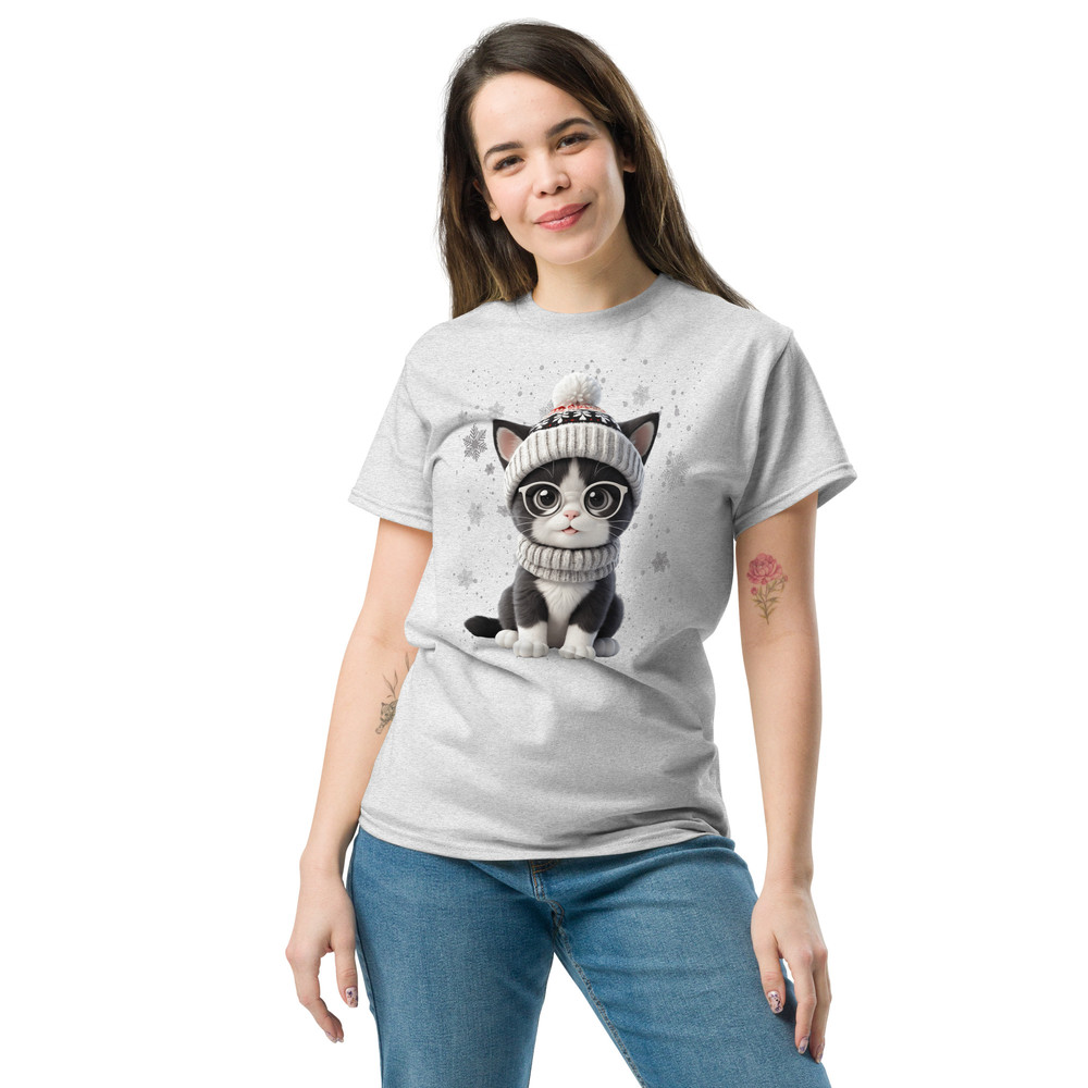 Cute Holiday Cat With Glasses  Winter Wonderland Art Unisex Classic Tee 6