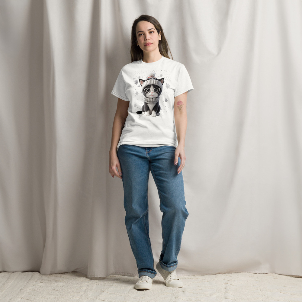 Cute Holiday Cat With Glasses  Winter Wonderland Art Unisex Classic Tee 15