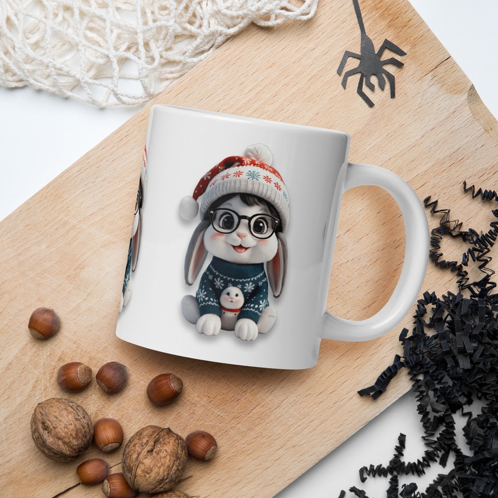 Festive Winter Rabbit With Glasses Holiday Cheer Art White Glossy Mug 0