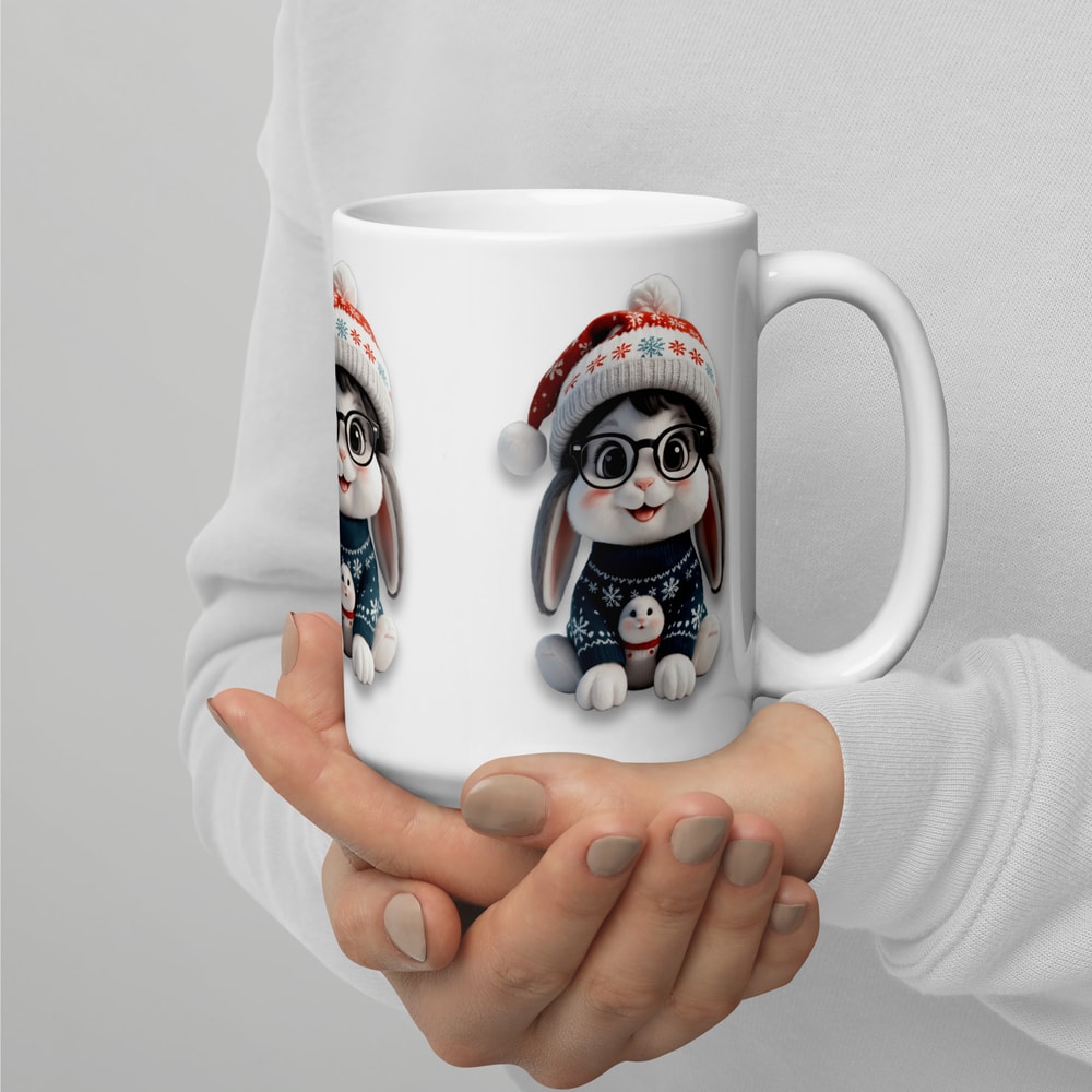 Festive Winter Rabbit With Glasses Holiday Cheer Art White Glossy Mug 9