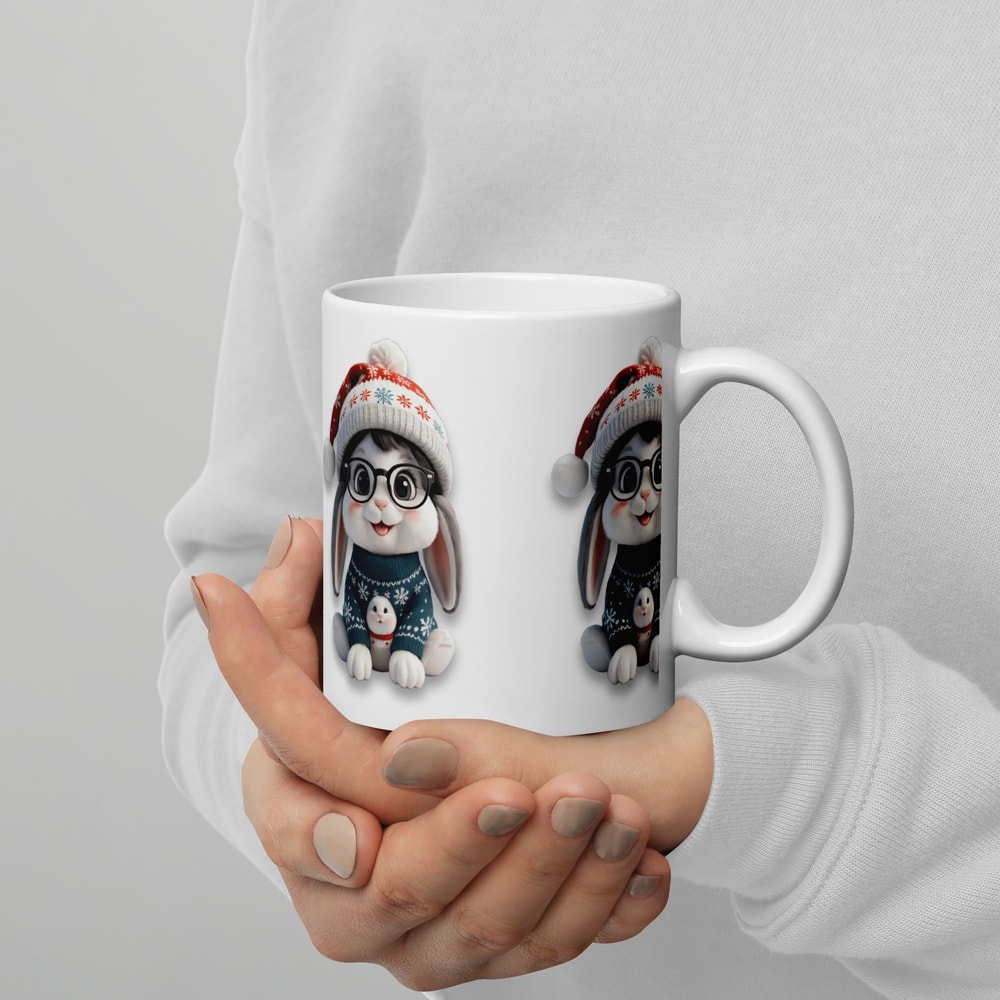 Festive Winter Rabbit With Glasses Holiday Cheer Art White Glossy Mug 2
