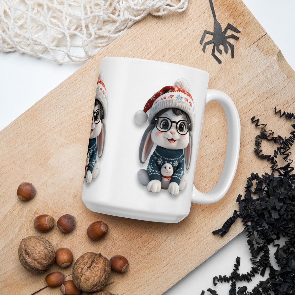 Festive Winter Rabbit With Glasses Holiday Cheer Art White Glossy Mug 4
