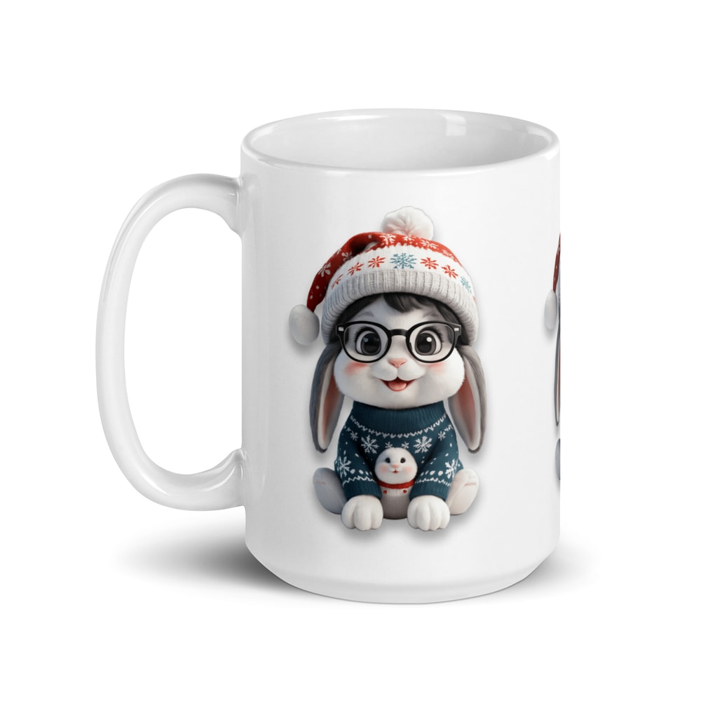 Festive Winter Rabbit With Glasses Holiday Cheer Art White Glossy Mug 5