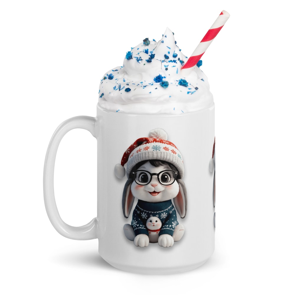 Festive Winter Rabbit With Glasses Holiday Cheer Art White Glossy Mug 7