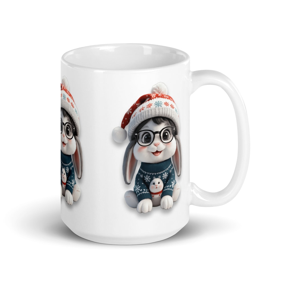 Festive Winter Rabbit With Glasses Holiday Cheer Art White Glossy Mug 8