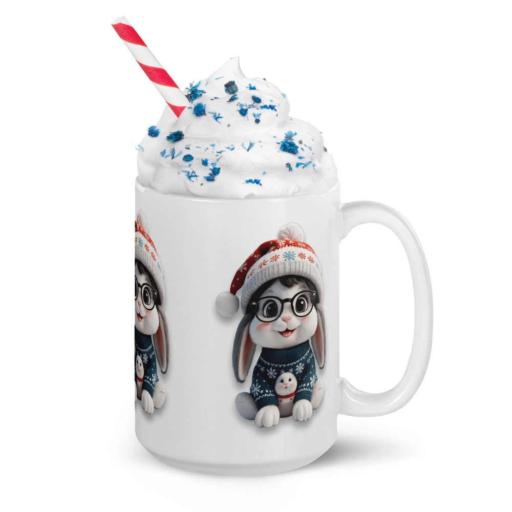 Festive Winter Rabbit With Glasses Holiday Cheer Art White Glossy Mug 10
