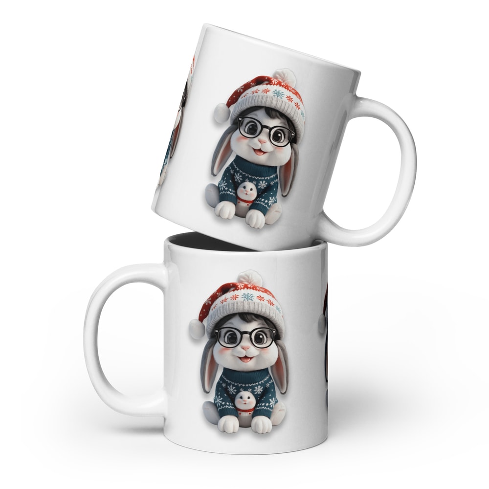 Festive Winter Rabbit With Glasses Holiday Cheer Art White Glossy Mug 12