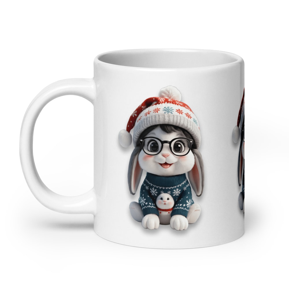 Festive Winter Rabbit With Glasses Holiday Cheer Art White Glossy Mug 13