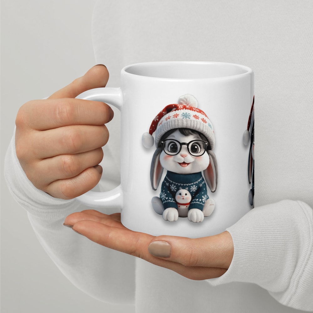 Festive Winter Rabbit With Glasses Holiday Cheer Art White Glossy Mug 14