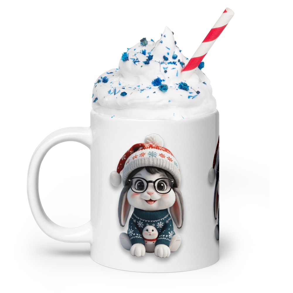 Festive Winter Rabbit With Glasses Holiday Cheer Art White Glossy Mug 15