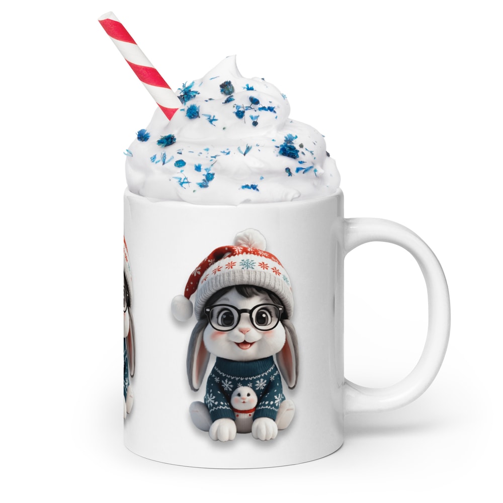 Festive Winter Rabbit With Glasses Holiday Cheer Art White Glossy Mug 16