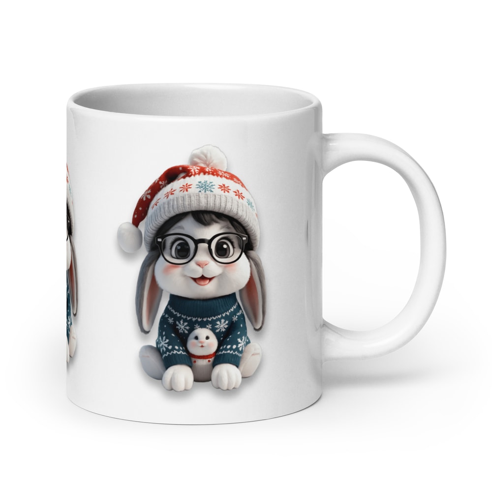 Festive Winter Rabbit With Glasses Holiday Cheer Art White Glossy Mug 17