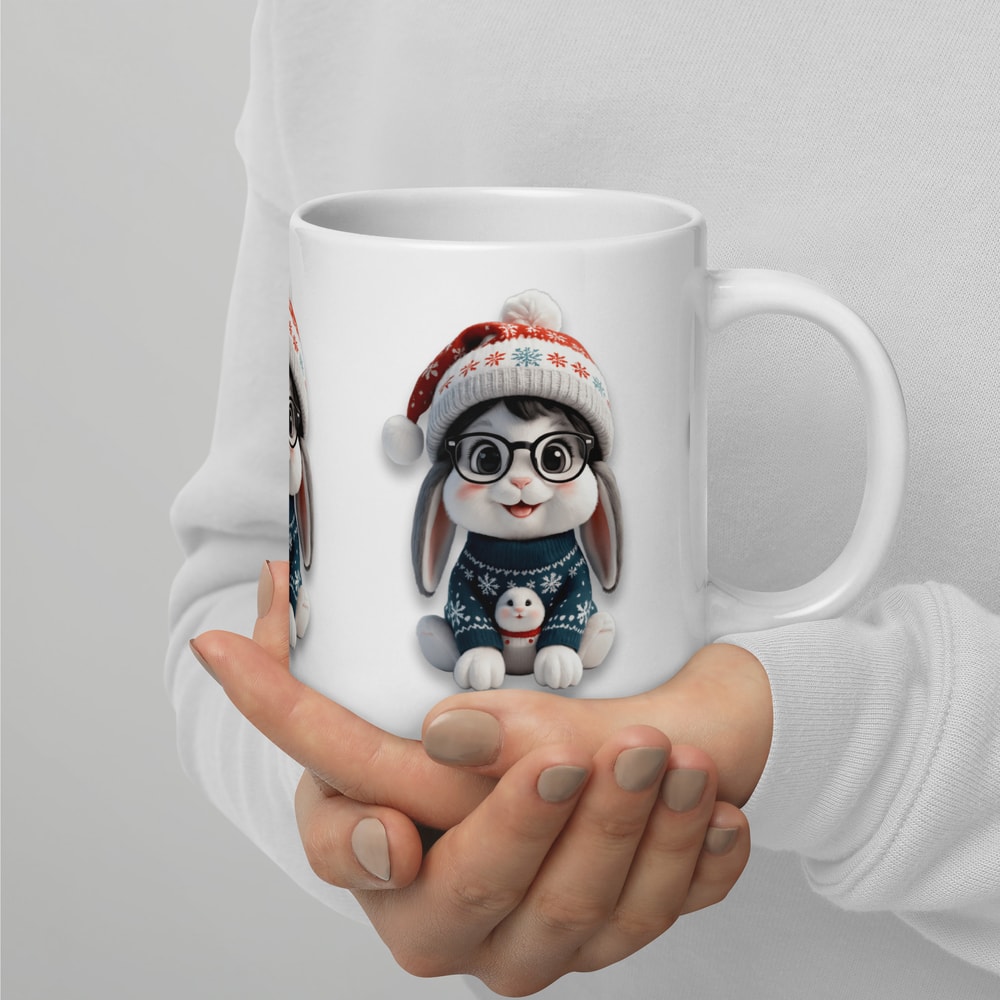 Festive Winter Rabbit With Glasses Holiday Cheer Art White Glossy Mug 18