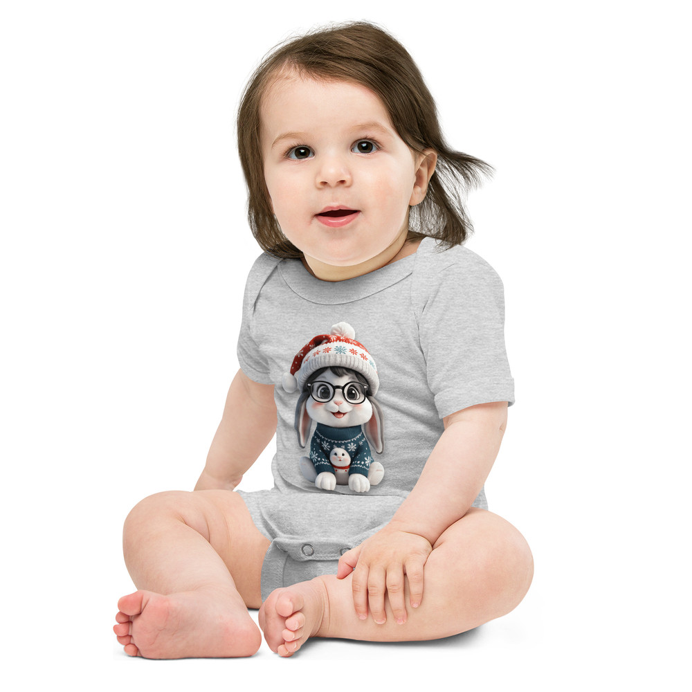 Festive Winter Rabbit With Glasses Holiday Cheer Art Baby Short Sleeve One Piece 5