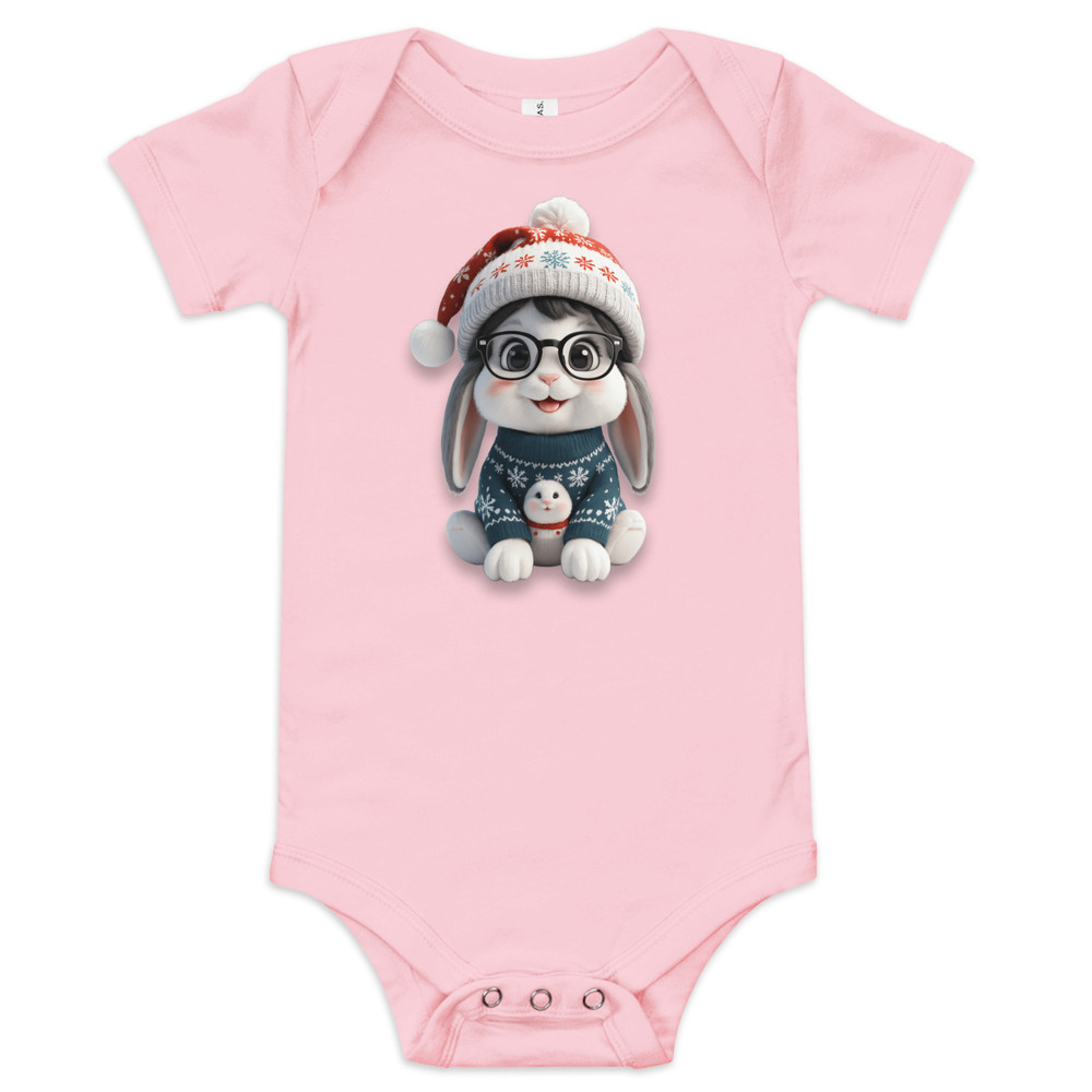 Festive Winter Rabbit With Glasses Holiday Cheer Art Baby Short Sleeve One Piece 7