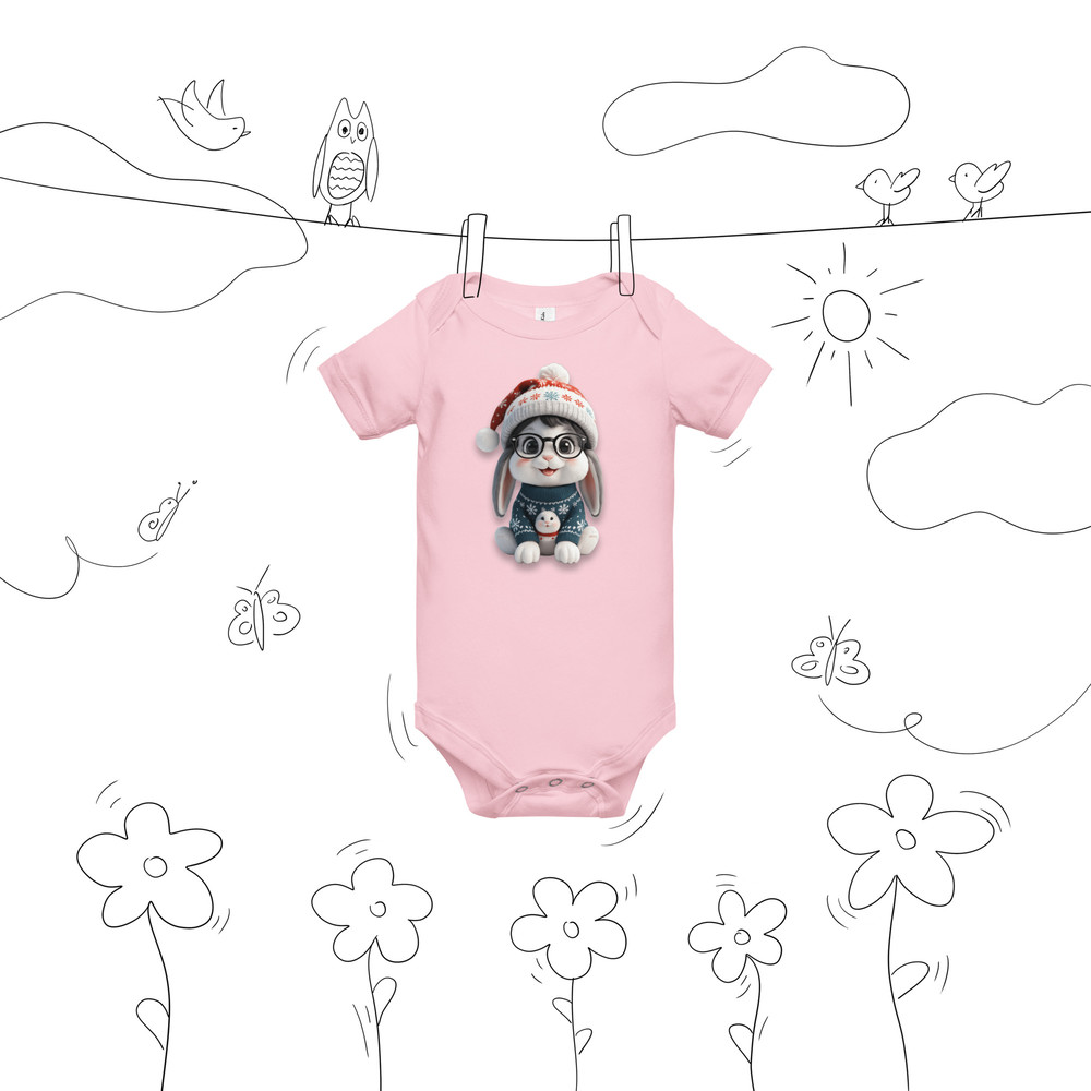 Festive Winter Rabbit With Glasses Holiday Cheer Art Baby Short Sleeve One Piece 9
