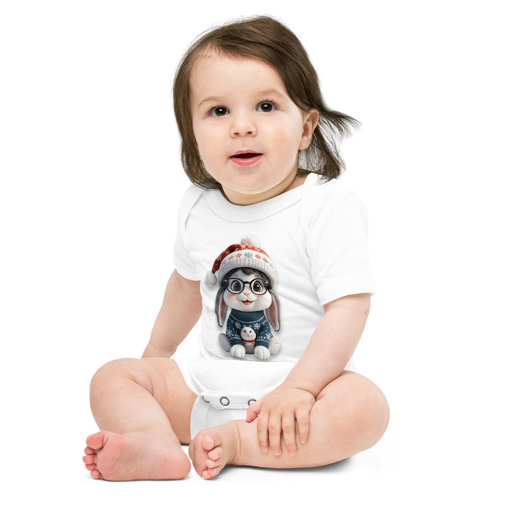 Festive Winter Rabbit With Glasses Holiday Cheer Art Baby Short Sleeve One Piece 11