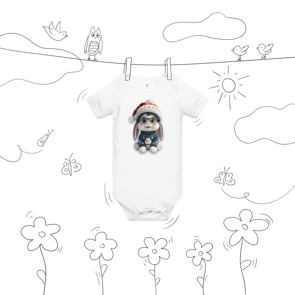 Festive Winter Rabbit With Glasses Holiday Cheer Art Baby Short Sleeve One Piece 12