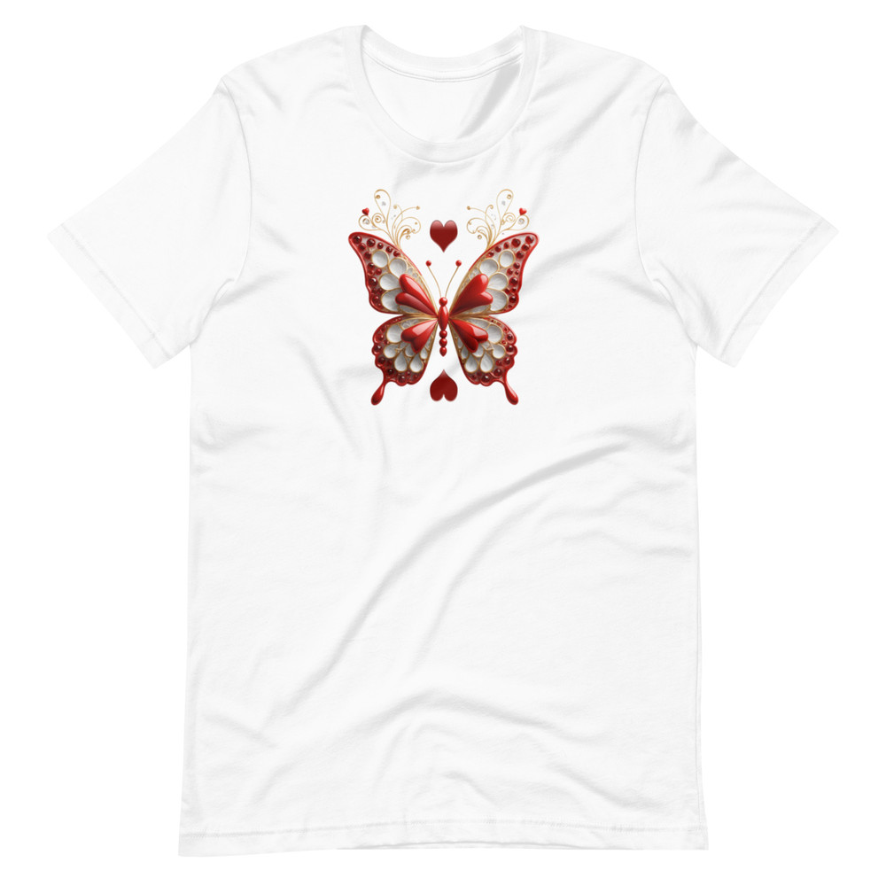 Elegant Red And Gold Butterfly Art With Hearts Unisex Tshirt 1