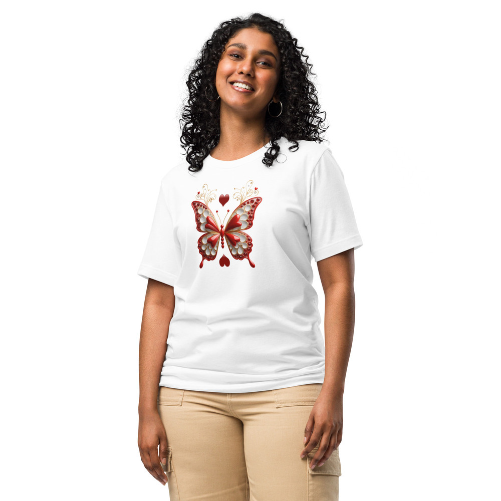 Elegant Red And Gold Butterfly Art With Hearts Unisex Tshirt 0
