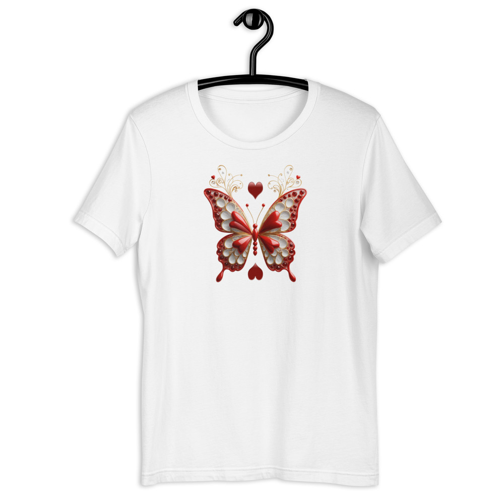 Elegant Red And Gold Butterfly Art With Hearts Unisex Tshirt 2