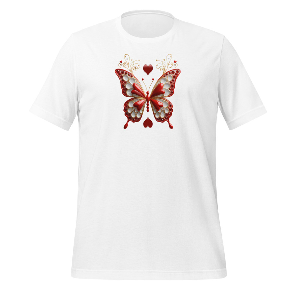 Elegant Red And Gold Butterfly Art With Hearts Unisex Tshirt 3