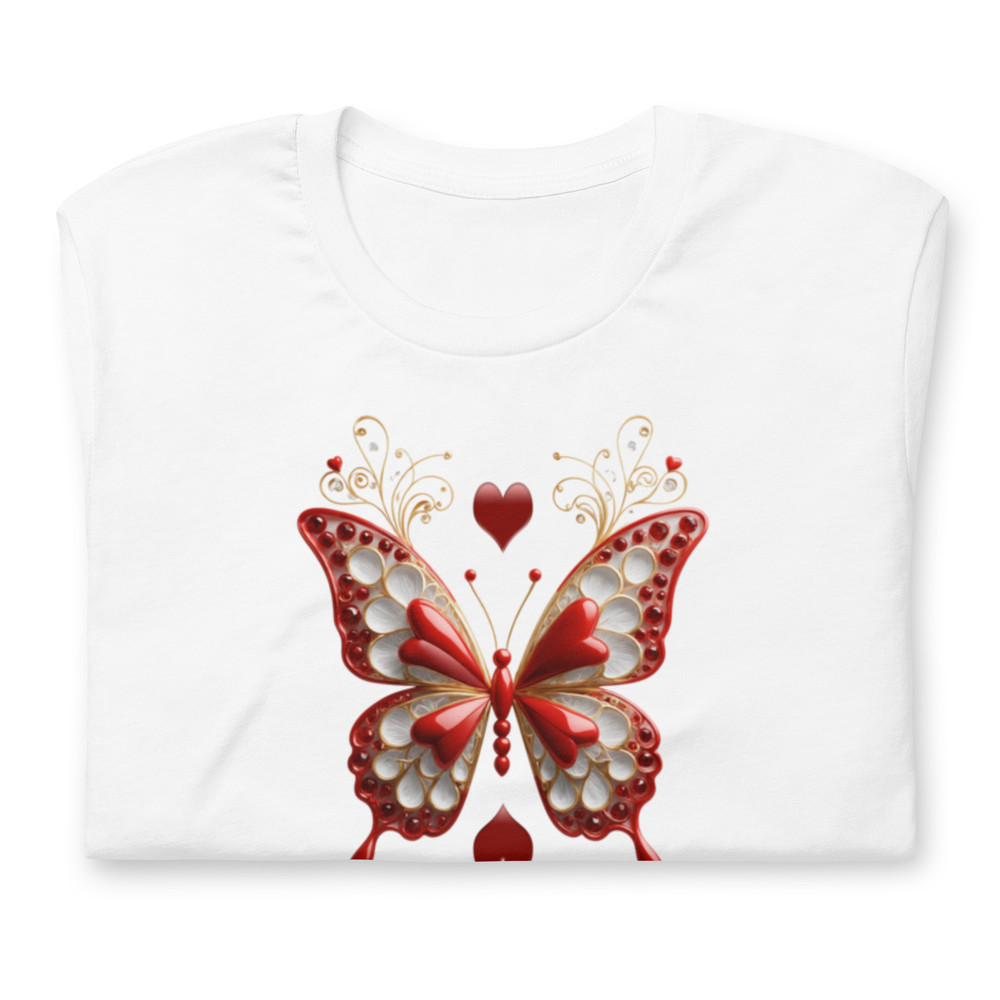 Elegant Red And Gold Butterfly Art With Hearts Unisex Tshirt 4