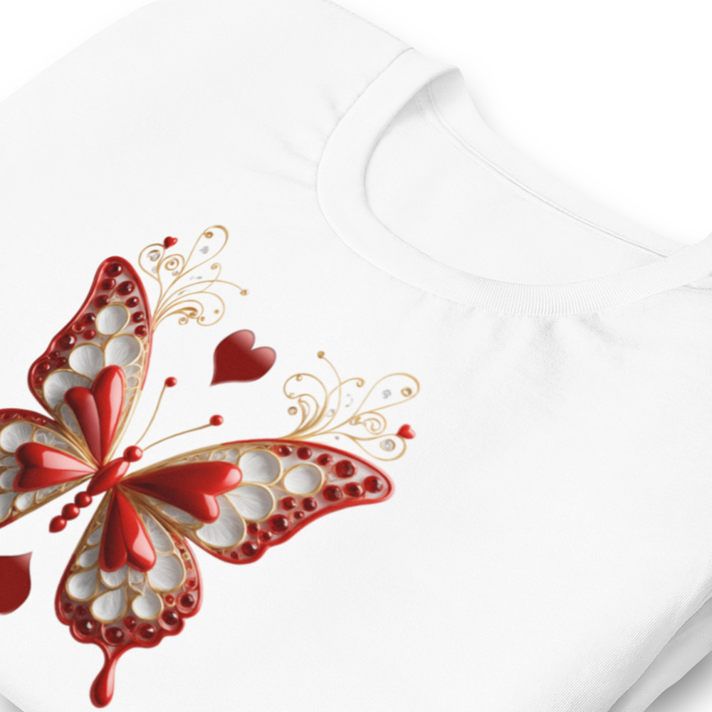 Elegant Red And Gold Butterfly Art With Hearts Unisex Tshirt 6