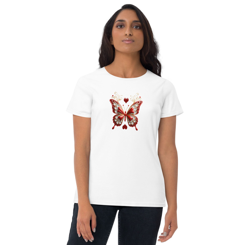 Elegant Red And Gold Butterfly Art With Hearts Womens Short Sleeve Tshirt 6