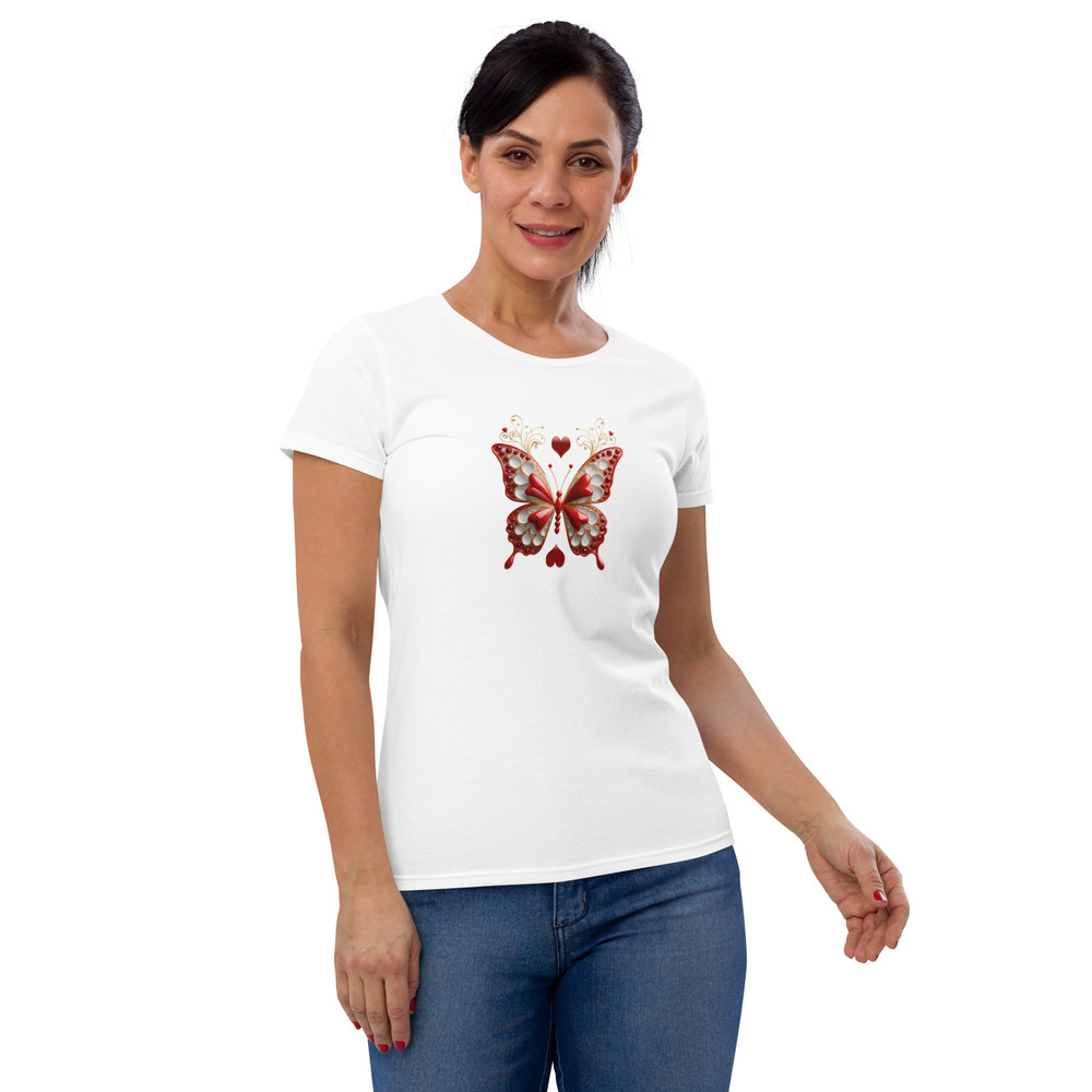 Elegant Red And Gold Butterfly Art With Hearts Womens Short Sleeve Tshirt 8